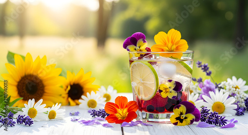 Refreshing floral cocktail with lime and edible flowers
