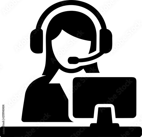 Customer service operator icon with headset and computer isolated on transparent background