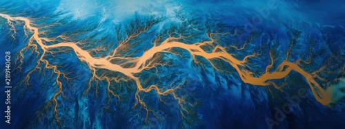 Panoramic drone view of intricate golden river delta patterns merging into deep sapphire water, abstract natural geometry, dramatic sunlight, premium