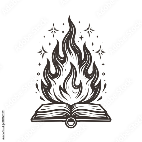 Open book with flames and stars black and white vector illustration