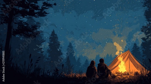 Campers sit by fire under a starry night sky near tall trees in a peaceful outdoor setting