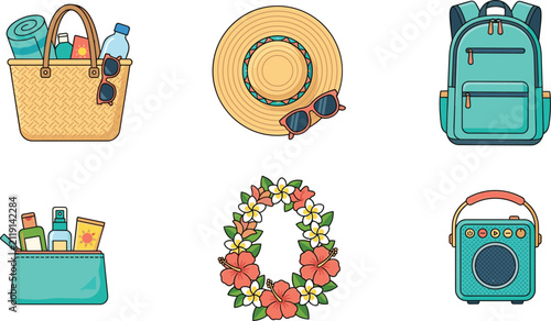 Fotografie Summer Vacation Essentials Icons Set with Beach Basket Hat Backpack Sunscreen Le