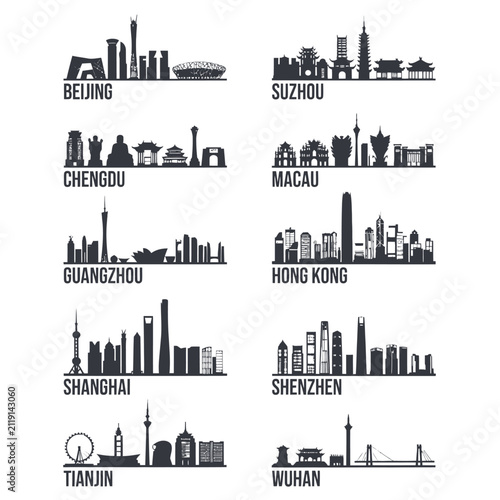 Canvas Print City Skylines Silhouette Collection Against White Background