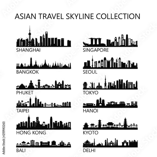 Photography Asian City Skylines Collection Black Silhouette Shapes On White Background