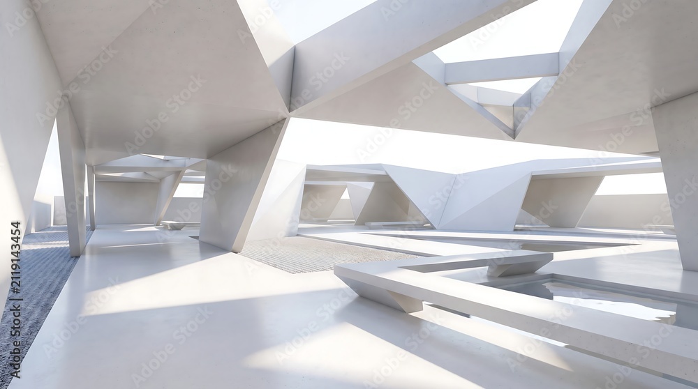 Fototapeta premium Futuristic White Geometric Architectural Pavilion with Minimalist Concrete Interior and Skylights