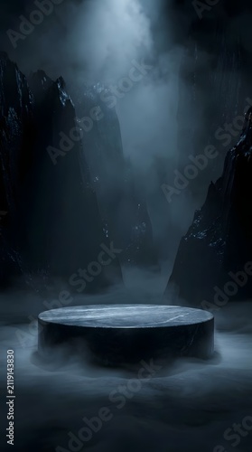 Dark stone pedestal in misty mountain landscape