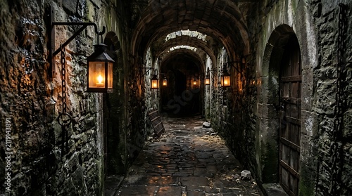 A dark and mysterious stone hallway in an ancient castle illuminated by warm glowing lanterns creating a moody and atmospheric cinematic scene