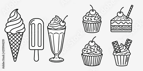 Sweet dessert icons set including ice cream cone popsicle sundae cupcake and cake slice line art vector illustration