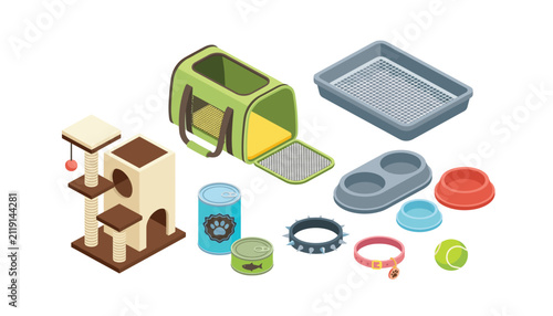 An isometric collection of colorful domestic pet care accessories . featuring a scratcher tree, carrier bag, bowls, collars, canned food items .