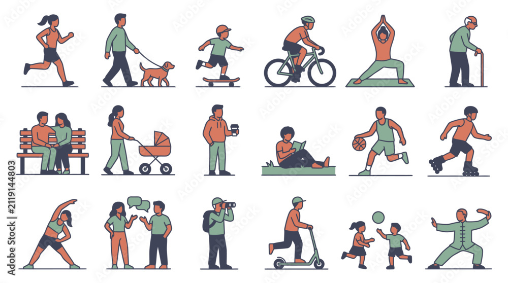 Fototapeta premium Diverse people character set doing outdoor activities sports walking cycling reading and fitness in flat vector style design