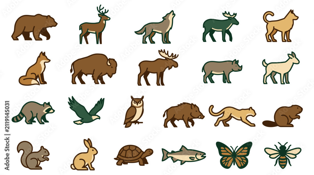 Obraz premium Wild forest animals vector icon collection featuring bear wolf deer fox bison eagle owl beaver rabbit isolated design