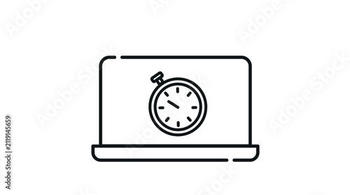 Laptop with stopwatch speed symbol on screen vector icon. Black line art style on white background. Mobile PC performance optimization, website loading speed, and fast computing concept.