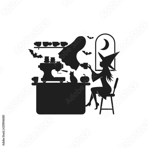 Black Silhouette Illustration of a Witch Brewing Coffee in a Magical Kitchen for Halloween