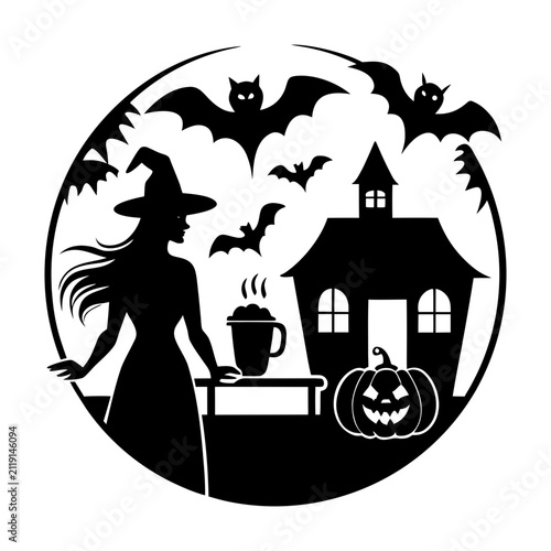 Silhouette illustration of a witch standing near a haunted house with bats and a carved pumpkin under a full moon for Halloween