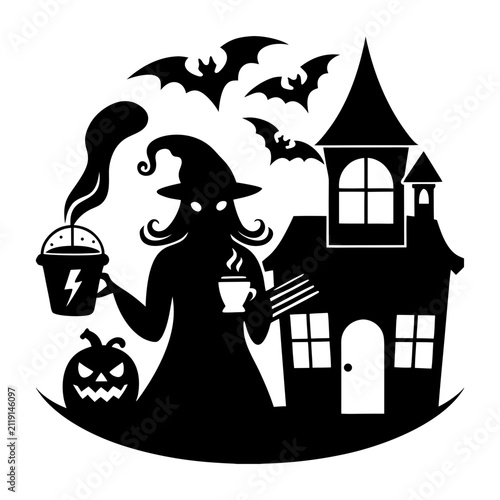 Black and White Halloween Illustration Featuring a Witch with a Coffee Cup and Cauldron Beside a Haunted House Silhouette