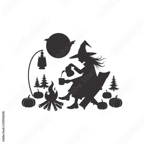 Halloween Witch Camping Illustration Featuring Full Moon Campfire and Pumpkin Harvest Silhouette