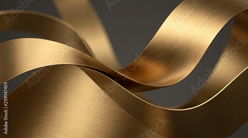 Abstract 3d render of flowing golden ribbons with a brushed metal texture against a dark background