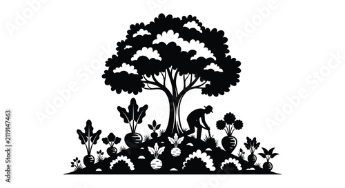 Konstfotografi Silhouette of a tree garden vegetables and farmer working black on white backgro