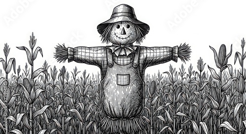 Scarecrow standing in tall cornfield with ears of corn 
