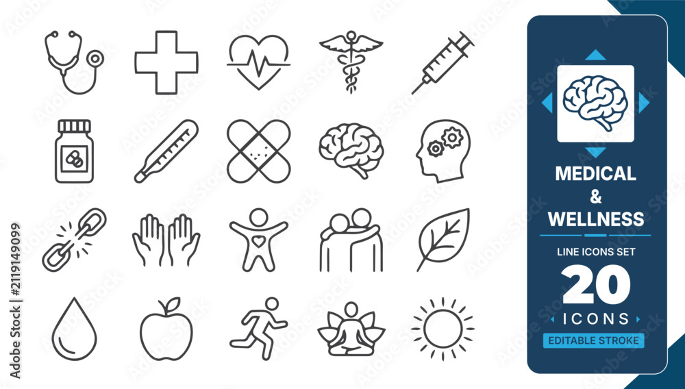 Fototapeta premium Medical and wellness line icon set featuring healthcare, diagnosis, medicine, mental health, fitness, nutrition, meditation and healthy lifestyle editable vector collection