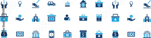 Foto Charity donation icons set with healthcare finance ribbons coins houses churches