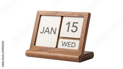 Vintage wooden perpetual calendar showing January 15 Wednesday, rustic walnut desk calendar for office organization, elegant timber date display isolated PNG with Transparent Background