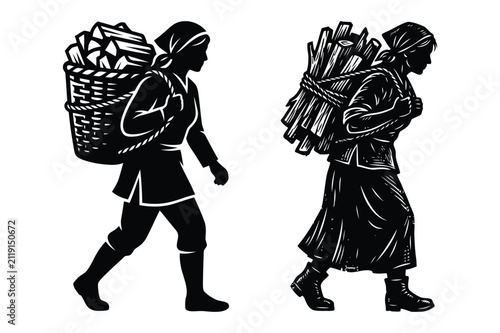 Women carrying heavy baskets and bundles of wood on backs illustration with carrying