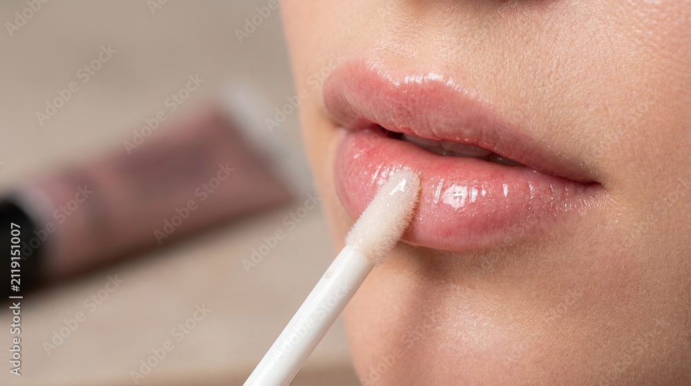 Naklejka premium Lip plumping gloss application woman mouth beauty cosmetics fuller lips showing glossy enhancement concept for cosmetic product advertising makeup tutorials salon services and personal care campaigns