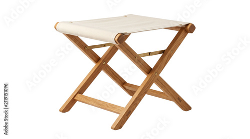 Minimalist folding wooden stool with canvas seat, portable oak camp chair for outdoor travel, scandinavian style collapsible footstool isolated PNG with Transparent Background