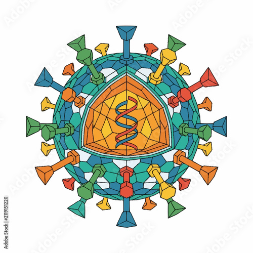 Dynamic Colorful 3D of a Virus with Spiky Protein Structures and Geometric Core Design with high quality professional line art symbols for modern creative design and digital branding projects