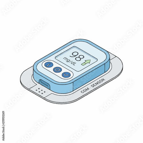 Dynamic Continuous Glucose Monitor Sensor Displaying 98 mg dL with Up Arrow Indicator in Light Blue