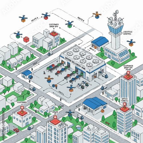 Dynamic Drone Delivery Hub Isometric of Urban Drone Routes Drop Off Points and Logistics Operations