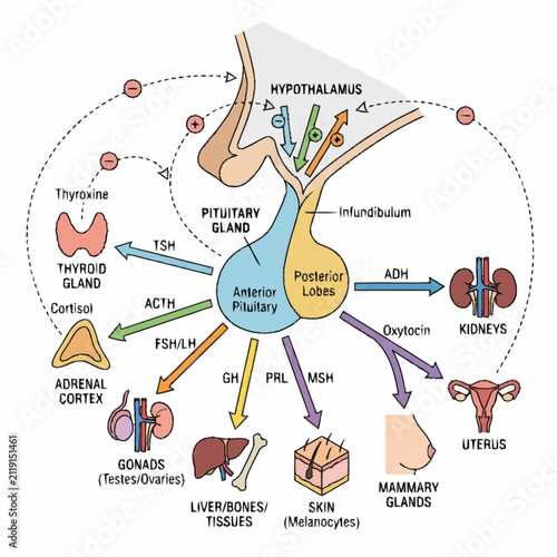 Dynamic Endocrine System Diagram Hypothalamus Pituitary Gland Hormones and Target Organs Interaction