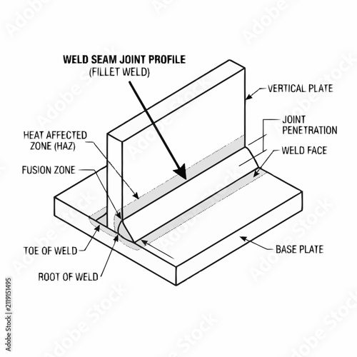 Dynamic Fillet Weld Seam Joint Profile Diagram Showing Key Welding Zones and Components in Technical