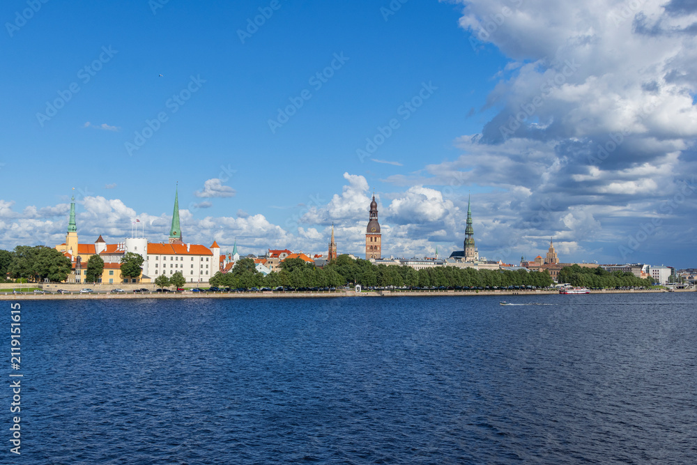 Fototapeta premium River and city skyline in Riga, Latvia