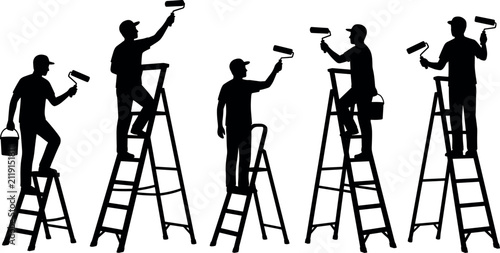 Set of black painter silhouettes using paint rollers and ladders for wall painting and renovation work vector illustration
