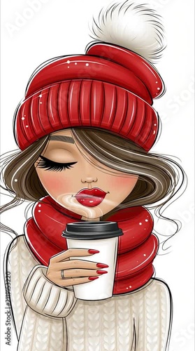 Cute cartoon girl with a cup of coffee in a warm hat flat design illustration