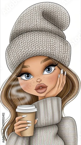 Cute cartoon girl with a cup of coffee in a warm hat flat design illustration