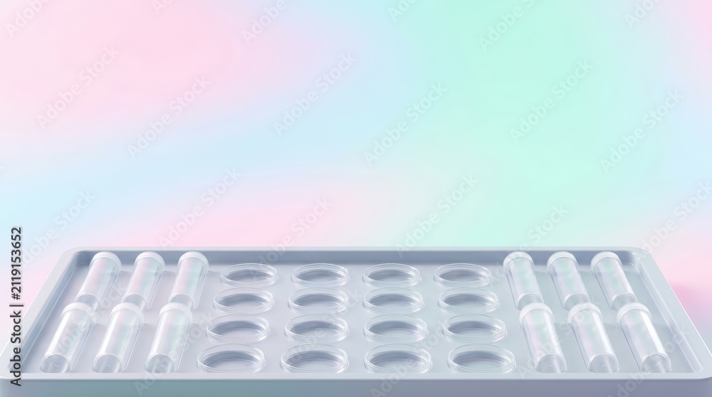 Fototapeta premium Blank laboratory tray with disposable plastic test tubes and petri dishes