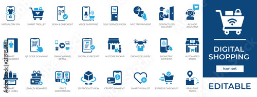 Digital Shopping and Retail Vector Icon Set. E-Commerce Technology, Online Checkout, Contactless Payment, Delivery Symbols