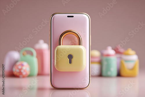 Colorful smartphone with a yellow padlock, pastel background, playful security concept for digital protection, modern technology aesthetics.