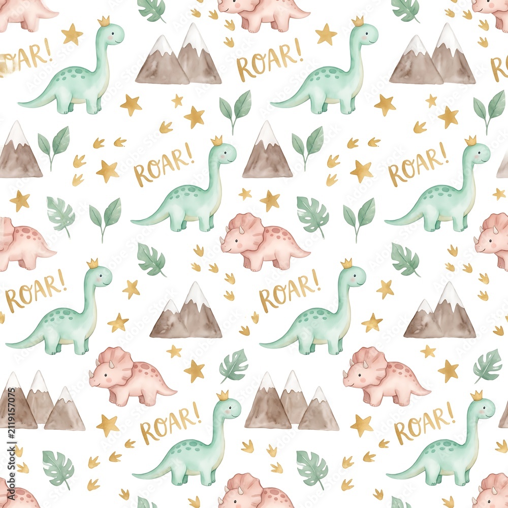 Naklejka premium Watercolor dinosaur seamless pattern. Cute dino background for kids nursery wallpaper.