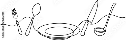 Continuous One Line Art Dining Icon with Plate Fork Spoon Knife and Ladle Cutlery Set Symbol for Restaurant Menu Logo Design