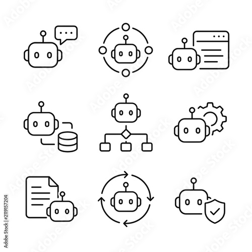 Chatbot and artificial intelligence automation line icon set