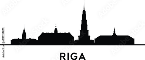 Obraz na płótnie Riga skyline silhouette, detailed capital city landmark buildings, urban archite