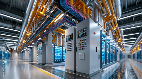 Electrolyzer industrial hall with orderly pipework, cable trays and control cabinets in modern industrial architecture, photorealistic with copy space, no people