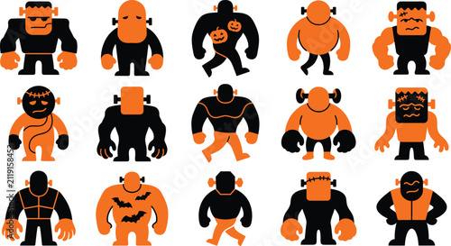 Collection of various halloween frankenstein monster characters isolated on transparent background
