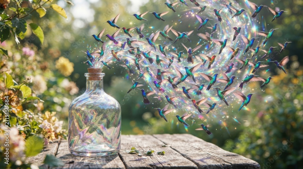 Naklejka premium Hummingbirds emerging from a glass bottle in a garden