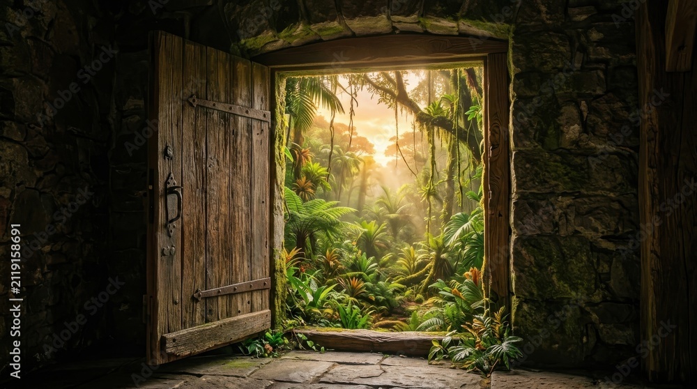 Obraz premium Open wooden door to a lush tropical jungle