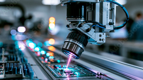 Automated optical inspection in cleanroom electronics factory with precise camera module and lighting for printed circuit boards